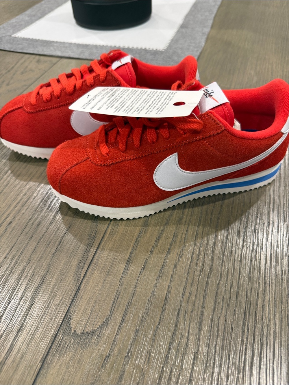 Nike Kids Red Suede Sneakers with White Swoosh and Blue Stripe